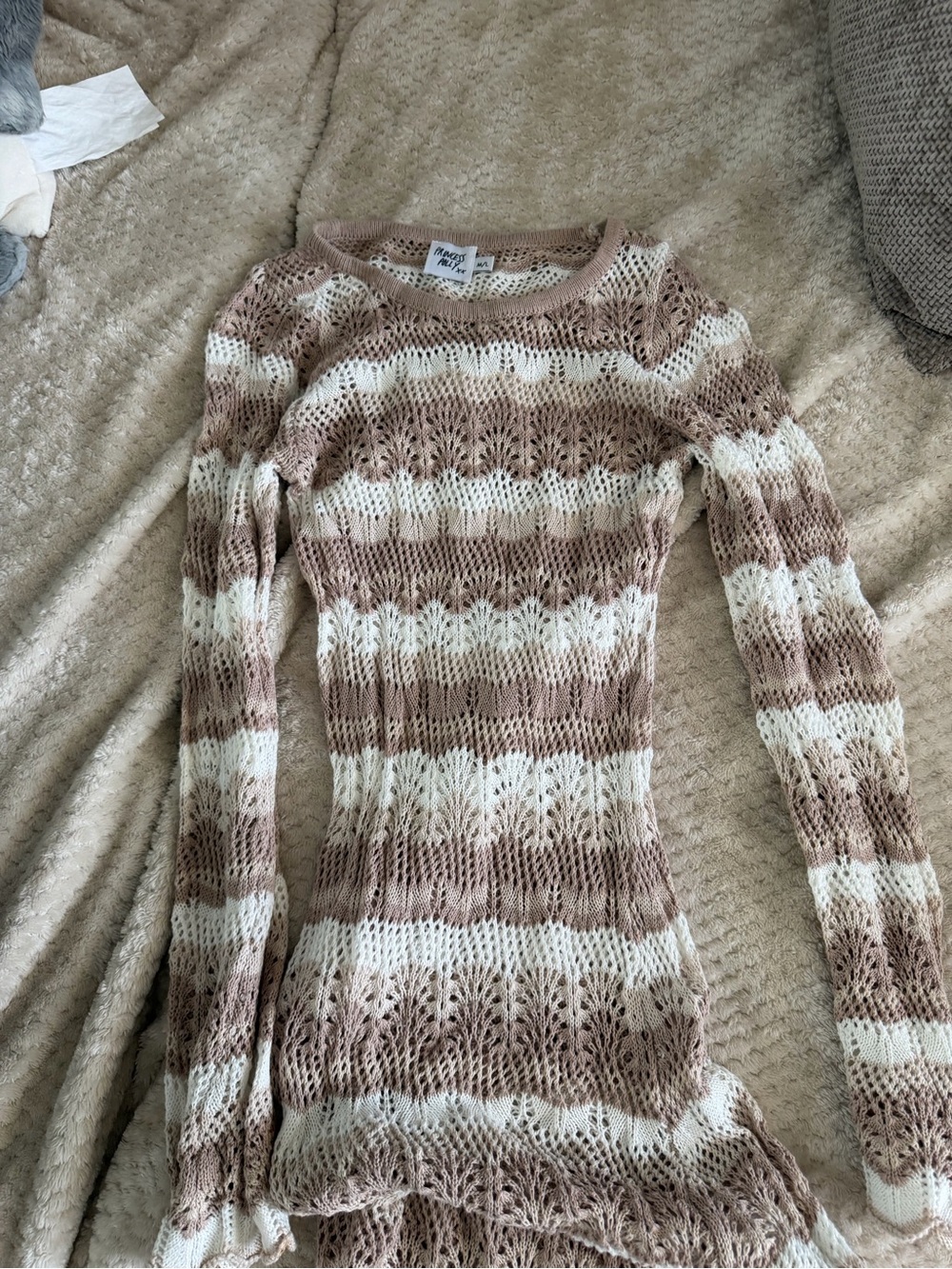 Princess Polly Beige and White Striped Crochet Knit Dress